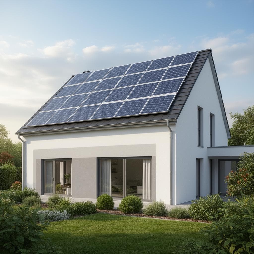 Nowoczesny dom europejski z panelami fotowoltaicznymi na dachu